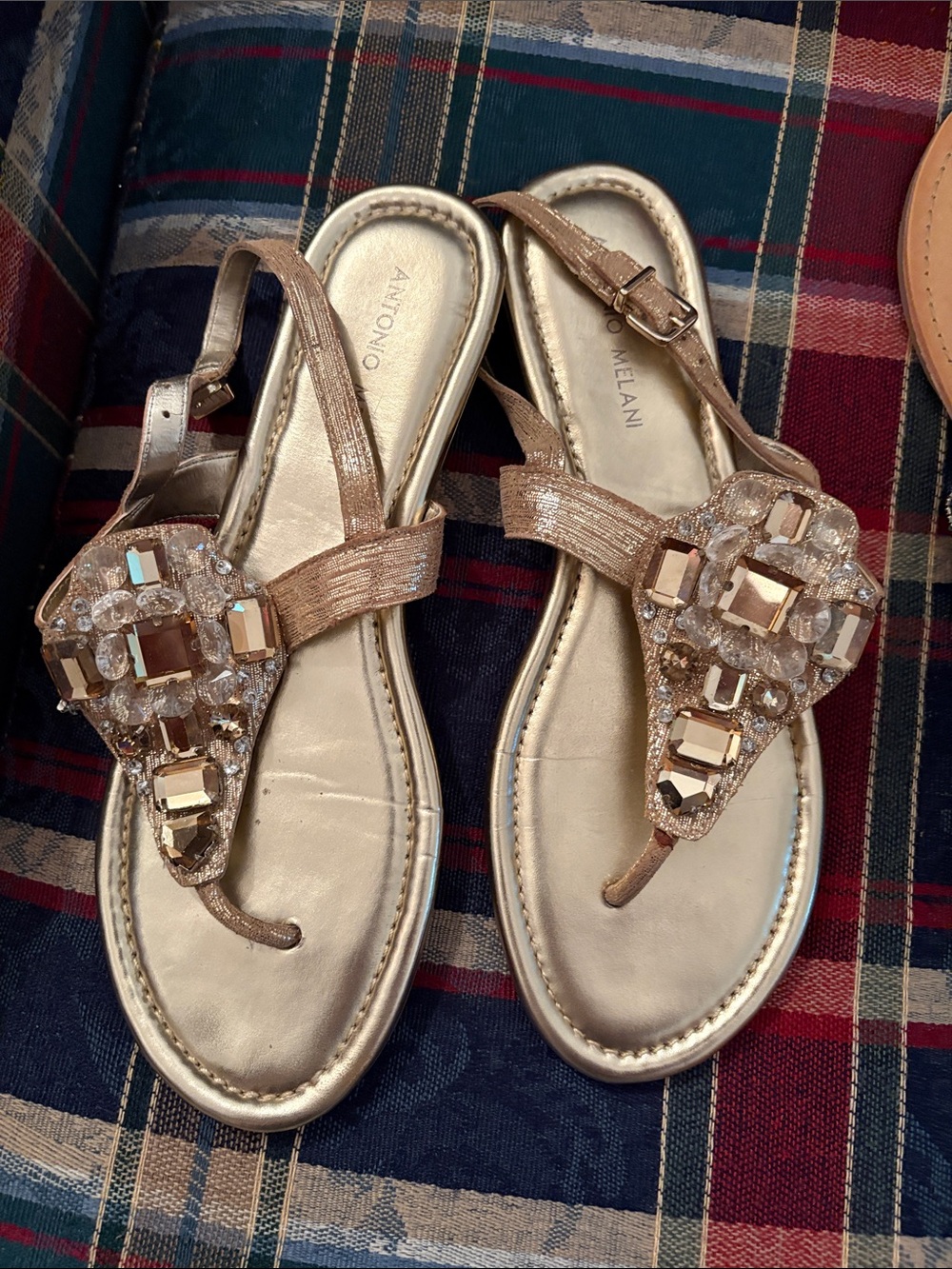 ANTONIO MELANI Gold Embellished T-Strap Sandals